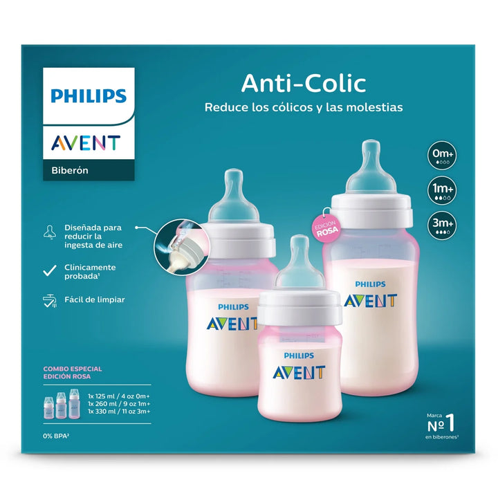 Pack 3 Mamaderas Anticolic Avent Edicion Rosa