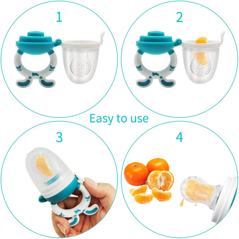 Set Chupete Para Frutas De Silicona Con Porta chupete y Repuesto Celeste