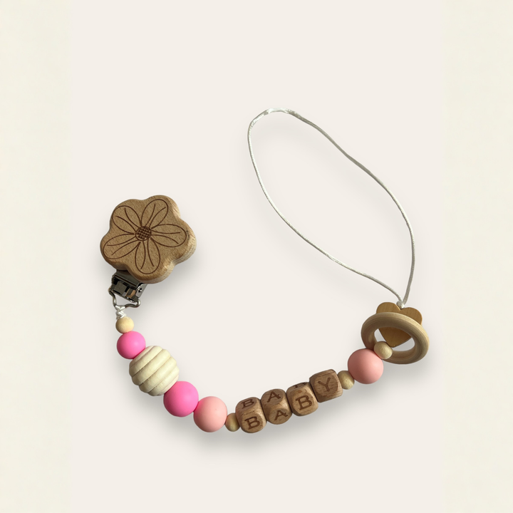 Porta Chupete Perlas Rosa Flor