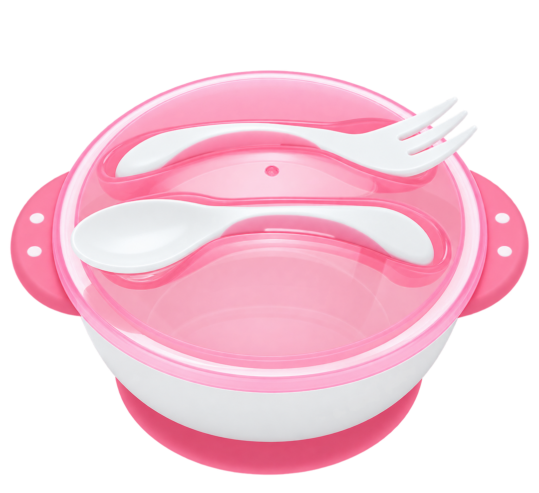 Bowl De Succión Con Cubiertos Rosado