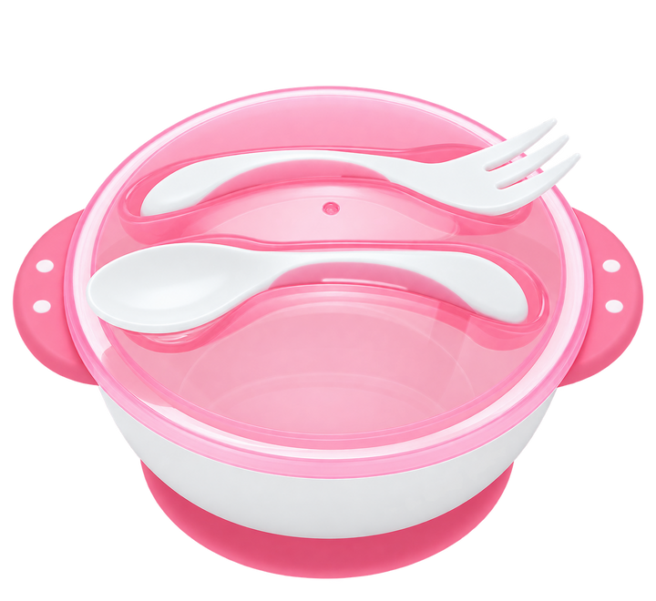 Bowl De Succión Con Cubiertos Rosado