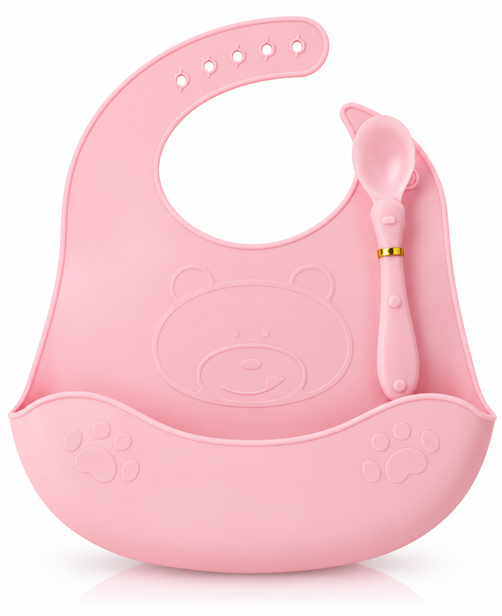 Set Babero Con Cuchara Silicona Rosado