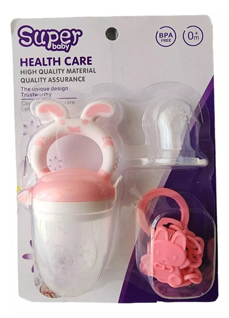 Set Chupete Para Frutas De Silicona Con Porta chupete y Repuesto Rosa