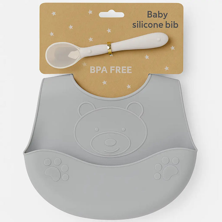 Set Babero Con Cuchara Silicona Gris