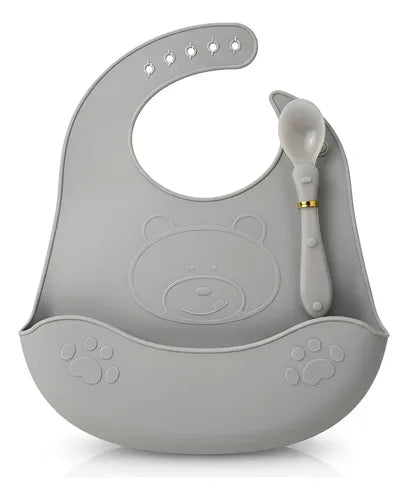 Set Babero Con Cuchara Silicona Gris