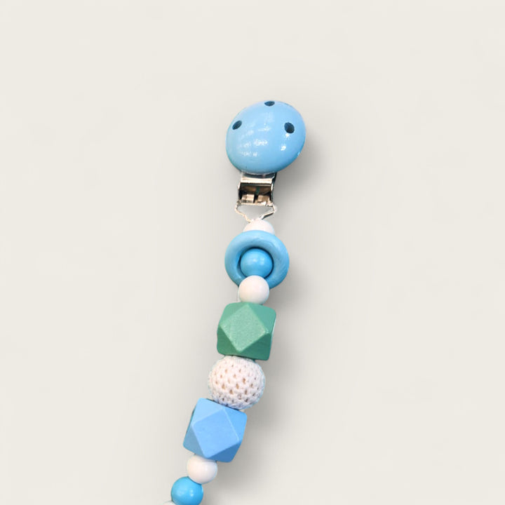 Porta Chupete Perlas Madera Celeste